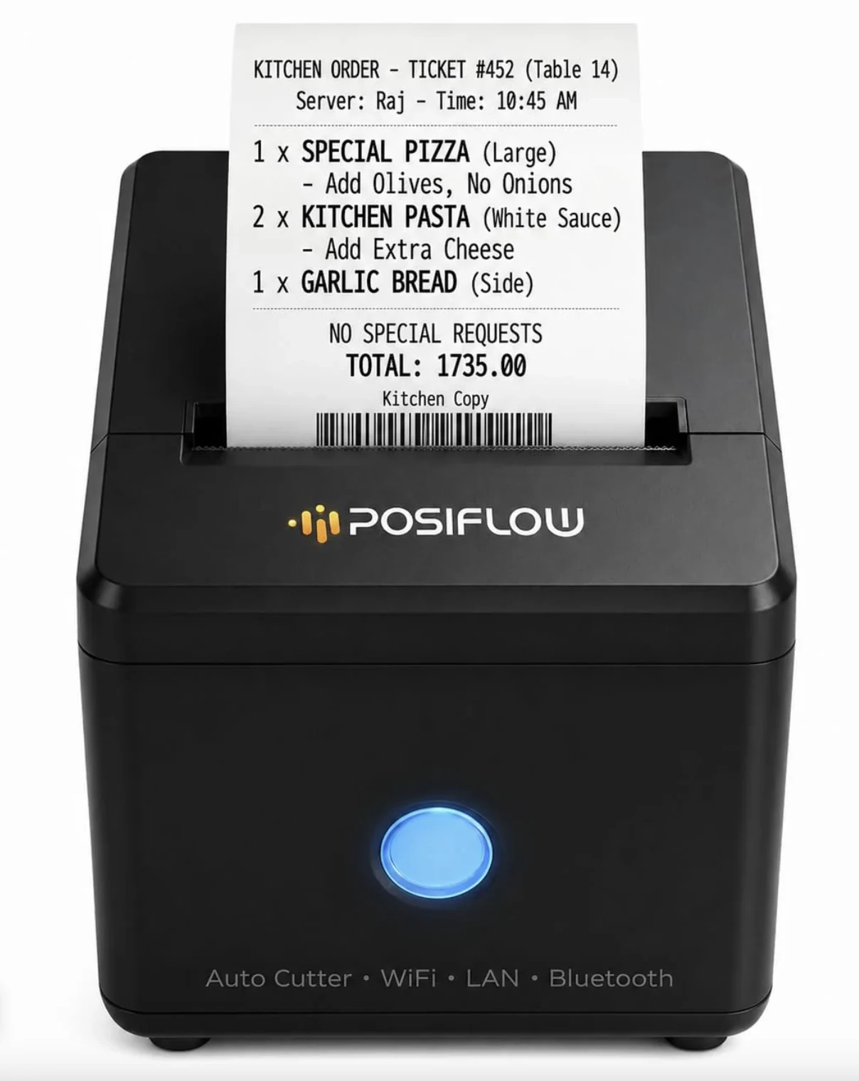 80mm desktop thermal printer with auto-cutter, WiFi, LAN and Bluetooth